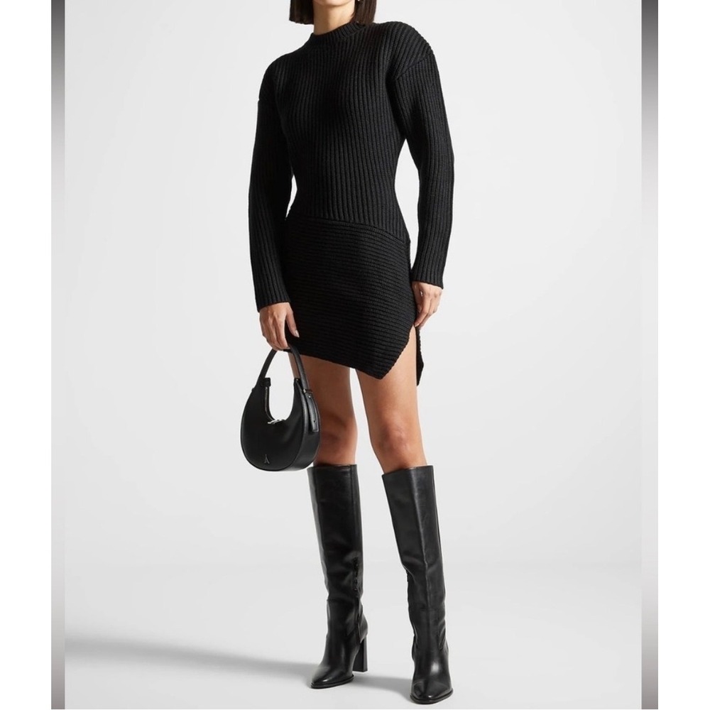 Maniere De Voir Black Ribbed Knit Mini Dress Asymmetric Hem Long Sleeve XS NWT